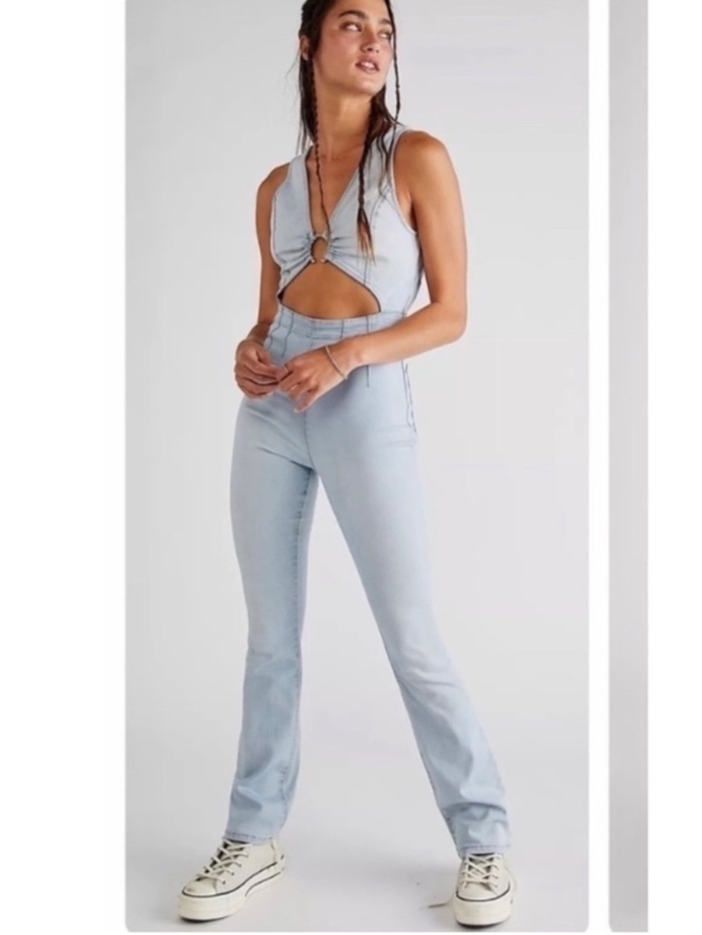 NWT Free People Ultraviolet Denim Flare Jumpsuit Blue Large